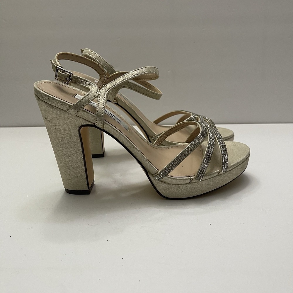 Nina Saralyn Platino Platfom Sandal Heel Size 8 Gold Rhinestone Wedding Holiday - Picture 2 of 10